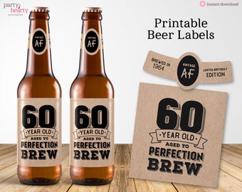 Printable 60th Birthday Beer Labels for 2024, Vintage 60th Birthday Party Decorations, Digital PDF File, Instant Download