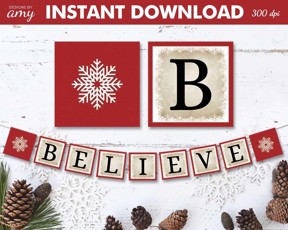 Printable Believe Christmas Banner Red &amp; Beige Christmas - Etsy