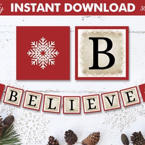 Printable Believe Christmas Banner, Red & Beige Christmas, Christmas Party, Christmas Decor, Snowflake Banner, Digital, Instant Download