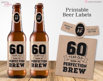 Printable 60th Birthday Beer Labels for 2026, Vintage 60th Birthday Party Decorations, Digital PDF File, Instant Download