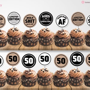 Druckbare 50. Geburtstag Cupcake Topper im Alter zur Perfektion Limited Edition Vintage AF Partydekorationen, digitale PDF-Datei, sofortiger Download