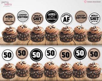 Printable 50th Birthday Cupcake Topper | Aged to Perfection | Limited Edition | Funny Vintage AF | Digital PDF File, Instant Download