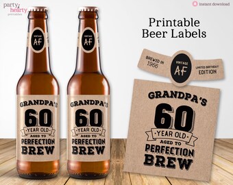 Printable Grandpa's 60th Birthday Beer Labels for 2026, Vintage 60th Birthday Party Decorations, Digital PDF File, Instant Download