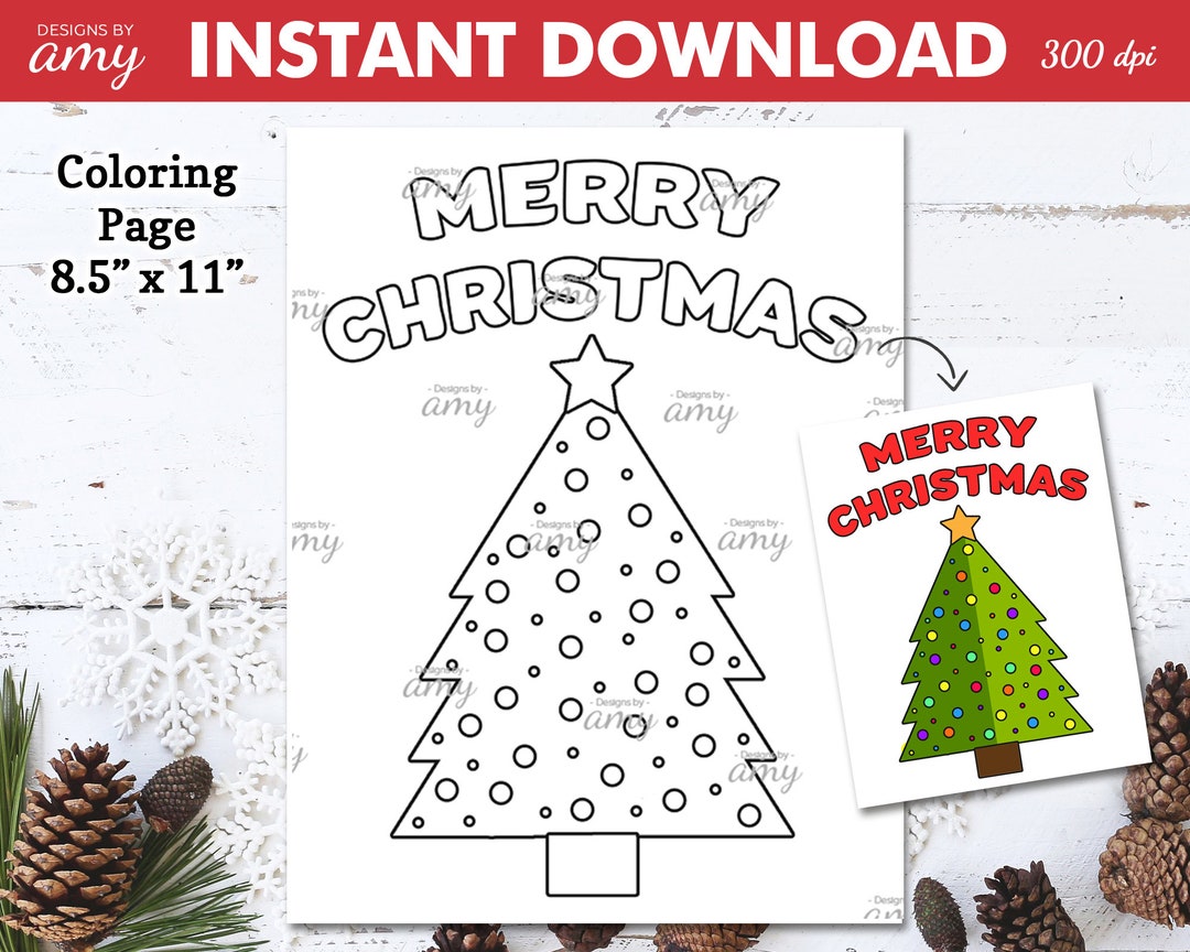 PRINTABLE Kids Coloring Page of a Merry Christmas Tree 8.5" X 11" Size PDF File, Instant ...