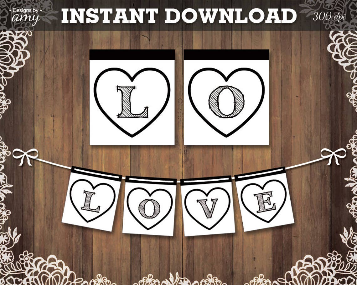 PRINTABLE Love Banner With Black Hearts &amp; Black Letters | Etsy