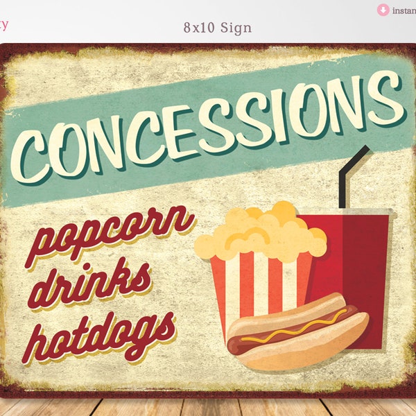 Concessions Printable Sign, Concessions Digital Sign, 8x10 Sign, Movie Night Decorations, Vintage Sign, Retro Sign, Instant Download