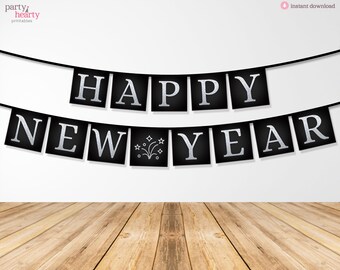 Banner IMPRIMIBLE de Feliz Año Nuevo, Banner de Nochevieja, Año Nuevo Plateado, Decoración de Nochevieja, Fiesta NYE, Digital, Descarga Instantánea