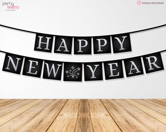 PRINTABLE Happy New Year Banner, New Years Eve Banner, Silver New Years, New Years Eve Decoration, NYE Party, Digital, Instant Download