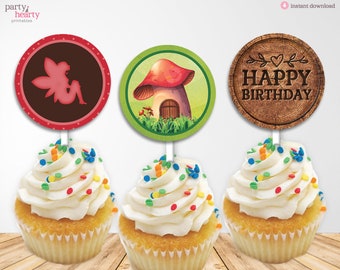 Printable Fairy Garden Party Cupcake Toppers, Happy Birthday Cupcake Decorations, Digital PDF File, Instant Download