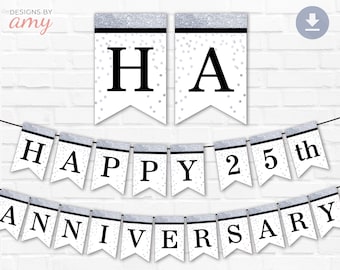 printable happy 25th anniversary silver black banner etsy