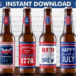 Printable 4th of July Beer Labels for Patriotic Party, 4 Individual Red ...