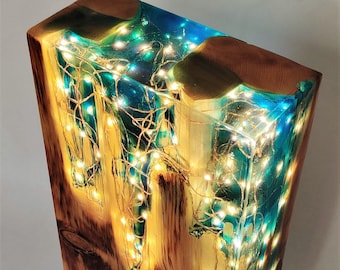 Starry Night Wood and Resin Light Sculpture - Reclaimed Wood Lamp - Ambient Lighting - Turquoise Resin Lamp - Handmade gift