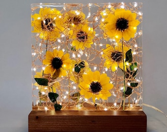 Sunflower Lamp - Real Sunflowers - Resin Light Sculpture - Cherry wood base.