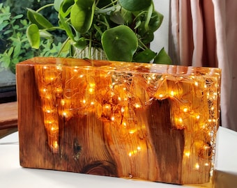 Wood Light block - Antique Pitch Pine and Resin Light Sculpture - Reclaimed Wood Lamp