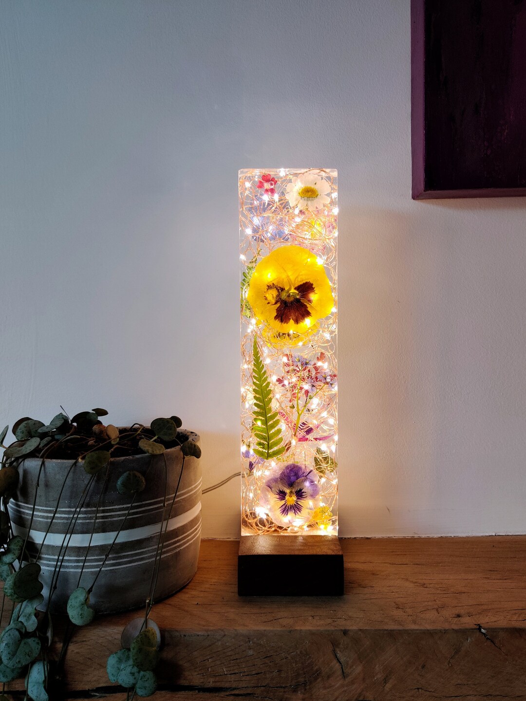 Flowers and Resin Light Sculpture With a Walnut Wood Base Etsy
