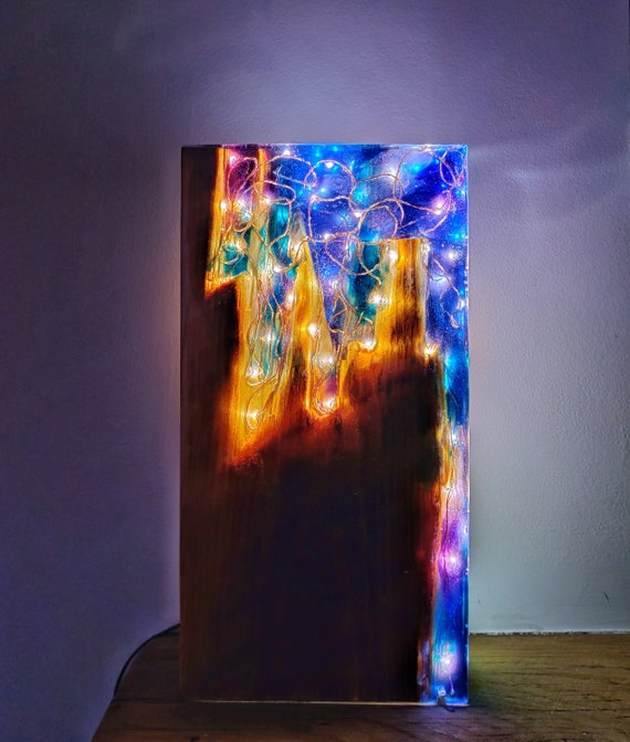 Galaxy Resin Light Sculpture Reclaimed Wood Lighting Antique Lighting  Statement Lighting Wood Table Lamp 5th Anniversary Wood Gift 