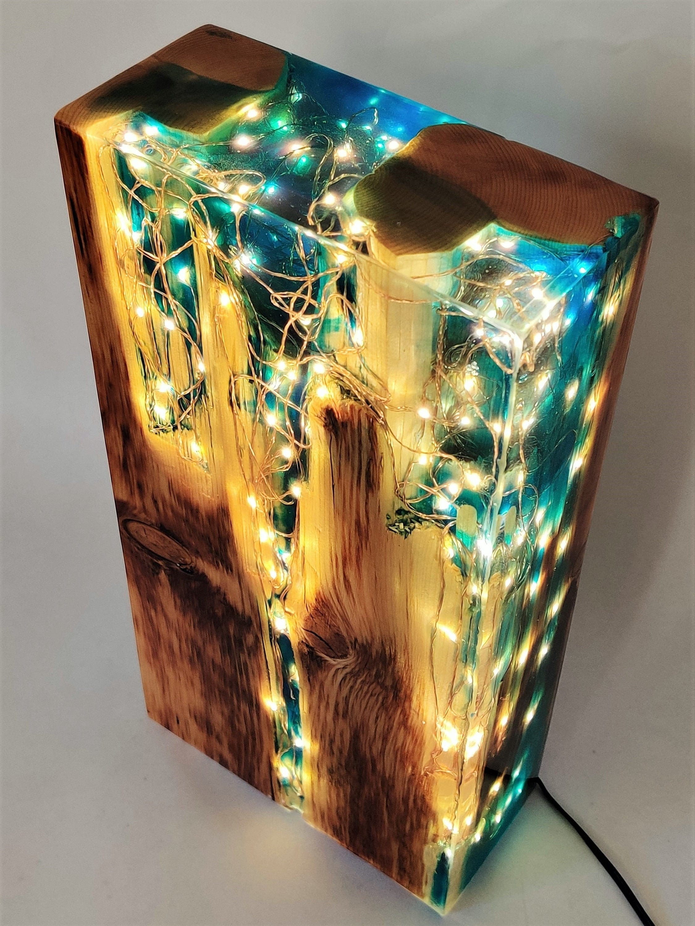 Starry Night – wood resin lamp – light sculpture – reclaimed wood