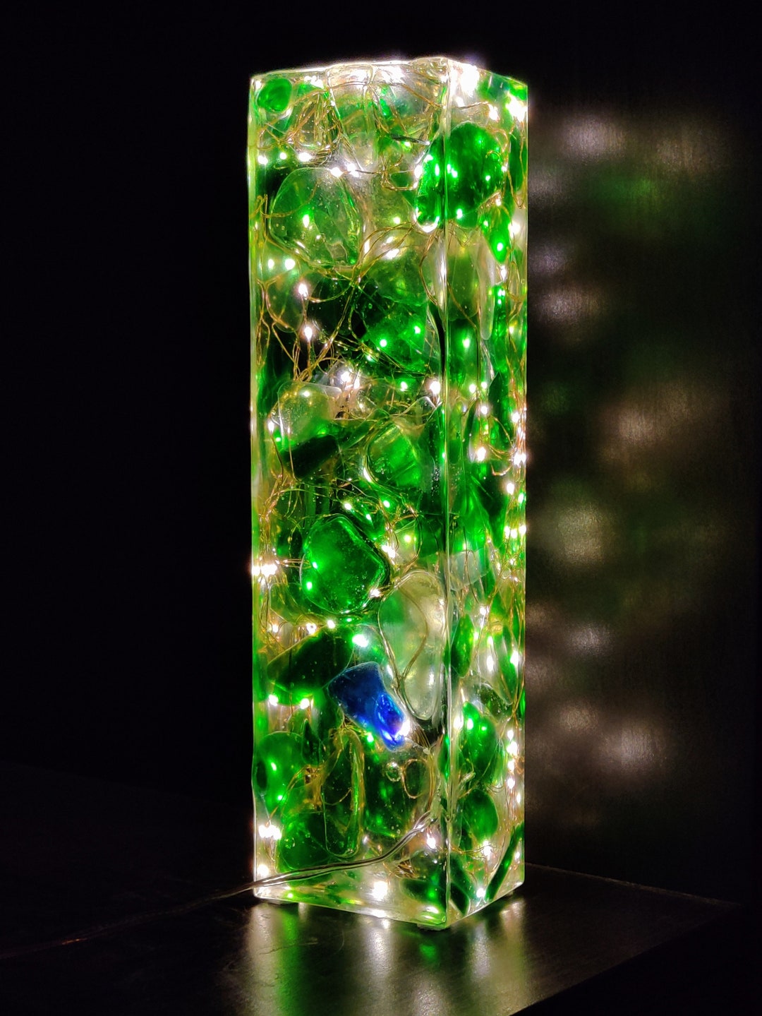 Sea glass and resin light sculpture – coloured sea glass – cast in resin –  lamp – Rachel Calder Design