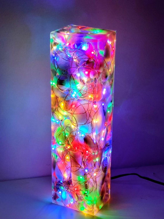 Rainbow Resin and Beach Pebble Light Sculpture Rainbow Lamp Resin