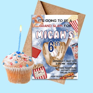 男の子の誕生日パーティーのための野球パーティー招待状 グランドスラムスポーツパーティー Canva 用の編集可能な招待状テンプレート