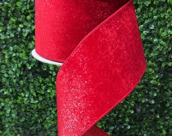 4” Sparkly Red Velvet Diamond Dust Ribbon - 10 yards - Wired