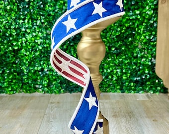 1.5" Navy & White Embroidered Star w/ Double Sided Red White Stripe Ribbon