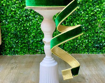 1 Inch Emerald Green Velvet w/ Gold Back Ribbon~ 10 Yards ~ Wired