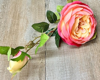 Pink & Yellow Cabbage Rose w/ Bud ~ 24 Inch