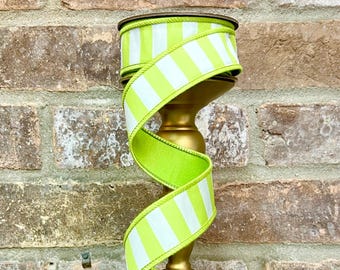 1.5 inch Light Green & White Stripe Ribbon ~ 10 yards ~ Wired