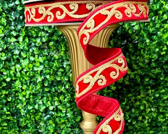 1 Inch Red Velvet Gold Glitter Scroll Ribbon ~ 10 Yards ~ Wired