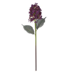 May include: A single artificial hydrangea stem with a large cluster of deep purple flowers. The stem is green, transitioning to a dark brown at the base. Two large, gray-green leaves are positioned below the flower head. The background is plain white.