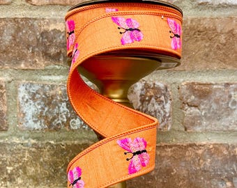 1.5 inch Orange & Pink Embroidered Butterfly Ribbon  ~ 10 yards ~ wired