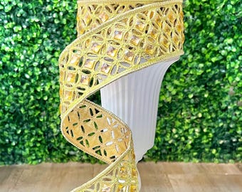 2 Inch Gold Diamond Lace Ribbon~Farrisilk ~ 5 Yards ~ Wired