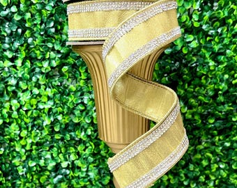1.5 inch Metallic Champagne Gold with Jewel Trim Ribbon ~ Wired ~ 5 yards