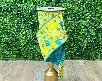 4 inch Chartreuse & Turquoise Embroidered Ribbon- 5 yards - Wired - D Stevens