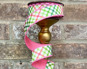 1.5 inch Pink & Green Watercolor Lattice Check Ribbon  ~ 10 yards ~ wired