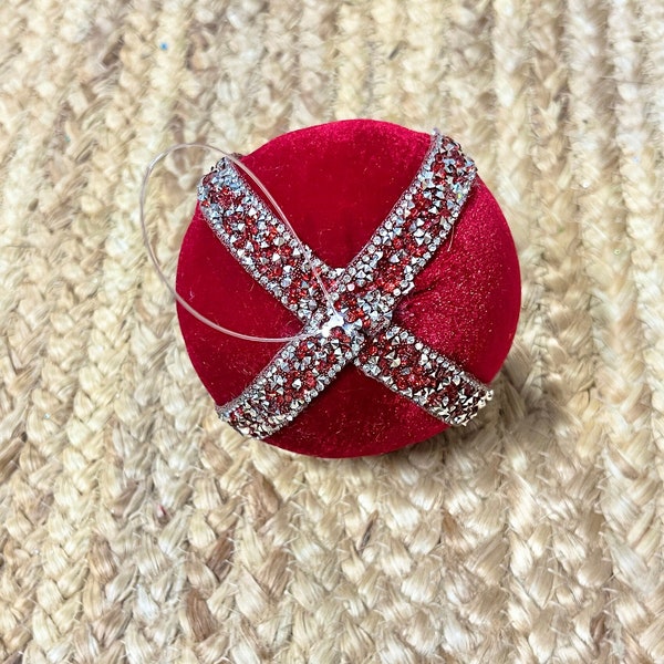 4 inch Red Velvet & Jewel Trim Ball Ornament