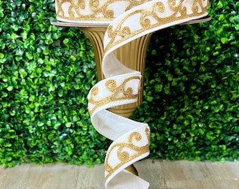 1 inch White Velvet Gold Glitter Scroll Ribbon ~ 10 Yards ~ Wired