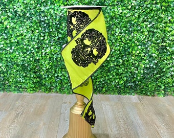 4 inch Lime Green w/ Black Velvet Glitter Skull ~ 5 yards ~ Wired