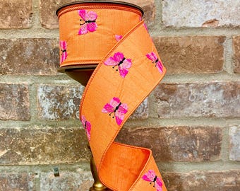 2.5 inch Orange & Two-Tone Pink Embroidered Butterfly Ribbon  ~ 10 yards ~ wired