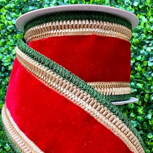 4” Royal Fringe Ribbon - Red Velvet with Green Fringe ~ 5 yards