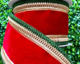 4” Royal Fringe Ribbon - Red Velvet with Green Fringe ~ 5 yards
