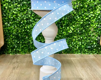 1 Inch Light Baby Blue & White Polka Dot Ribbon ~ Wired ~ 10 Yards