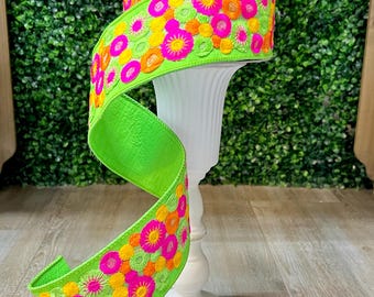 Pink Lime Orange Mod Flower 2 Inch Ribbon ~ 10 yards ~ Wired