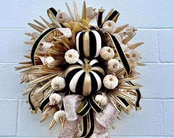 Boho Glam Fall Wreath, Fall Wreath for Front Door, Black and Gold Fall Decor