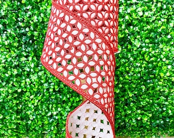 4 Inch Farrisilk Red and White Flower Lace  ~ 5 Yards ~ Wired