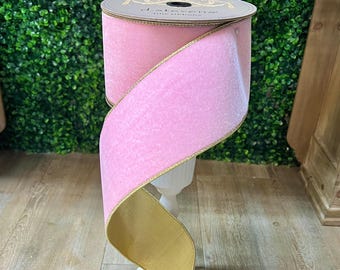 Light Pink Velvet w/ Gold Back 4 Inch Ribbon - 10 yards - Wired
