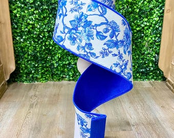 4 Inch Blue Blossom Chinoiserie Toile Ribbon ~ 10 Yards ~ Wired
