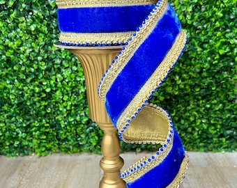 2.5 inch Royal Blue Velvet with Jewel Trim Ribbon ~ 5 yards ~ Wired