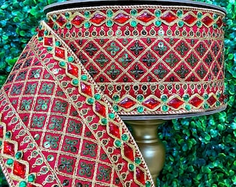 4” Dupion Green and Red Sequin on Red Ribbon - 10 yds
